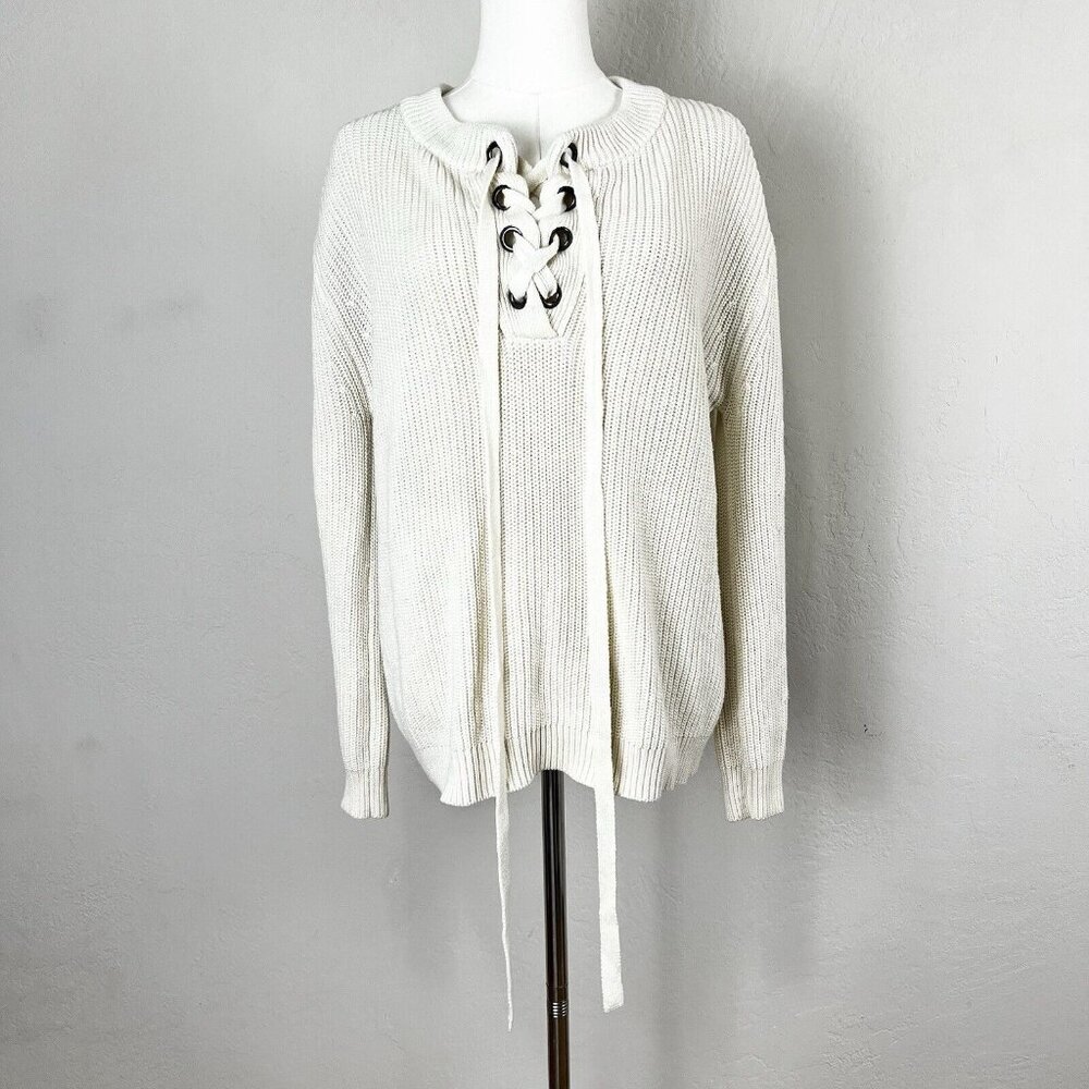 JOA Sweater Ivory Cream White Lace Up Corset‎ Grommet Boho Chunky Knit Sz Medium